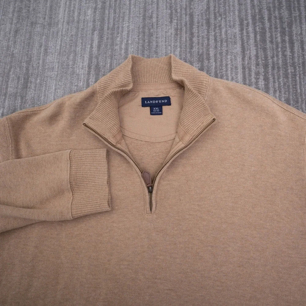 Lands End Mens XXL Tan 1/4 Zip Cotton Sweater Elbow Patches Mock Neck Pullover
